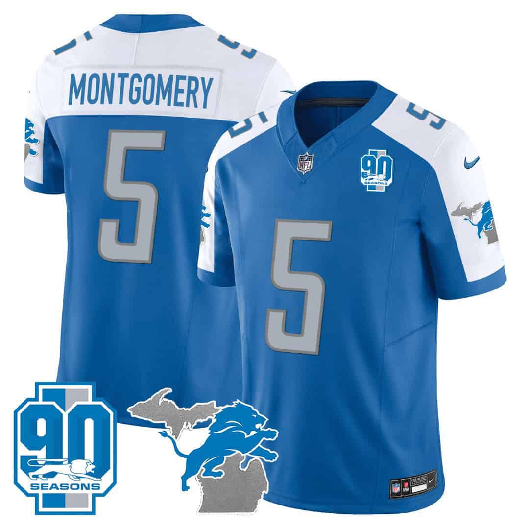 Men Detroit Lions 5 Montgomery Blue 2024 Nike 90th Year Michigan Patch Vapor NFL Jersey